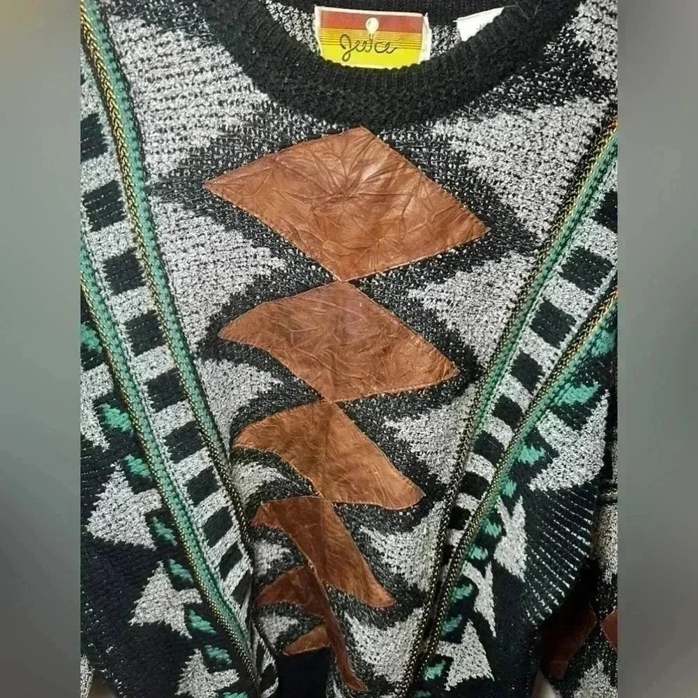 Vintage 80s Coogi-Style Aztec Sweater Textured Knit with Leather Panels, medium - Picture 2 of 5
